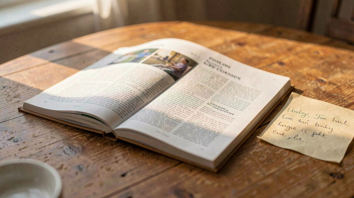 Ein aufgeschlagenes kleines Printmagazin auf einem Holztisch, daneben Zettel mit Notizen, warmes Tageslicht von der Seite, Nahaufnahme.