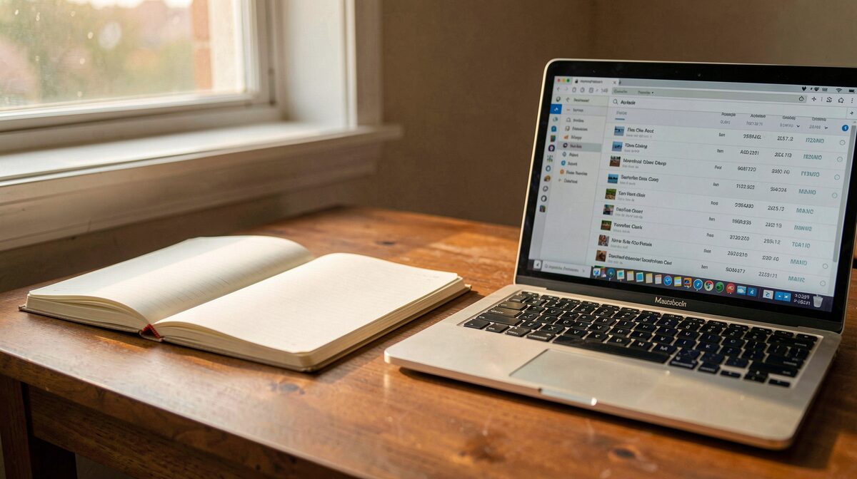 Ein Schreibtisch mit aufgeschlagenem Notizbuch, daneben ein Laptop mit geöffnetem Archivverzeichnis, warmes Nachmittagslicht durch ein Fenster, seitliche Nahaufnahme