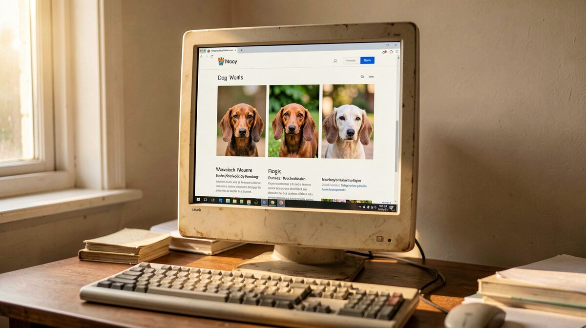 Ein alter Computerbildschirm auf einem Schreibtisch zeigt eine schlichte Hunde-Homepage mit Fotos von drei Dackeln, warmes Tageslicht von der Seite.