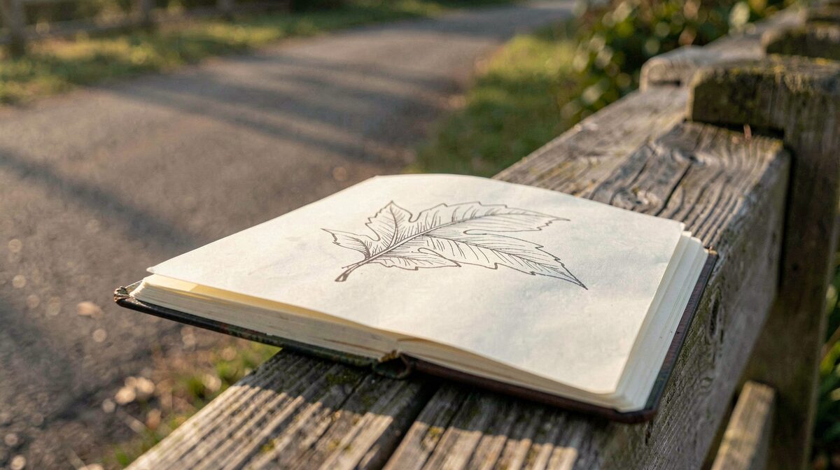 Ein aufgeschlagenes Notizbuch mit einer Handskizze eines Blatts liegt auf einem Holzzaun, morning light, seitliche Nahaufnahme, im Hintergrund verschwommener Feldweg.