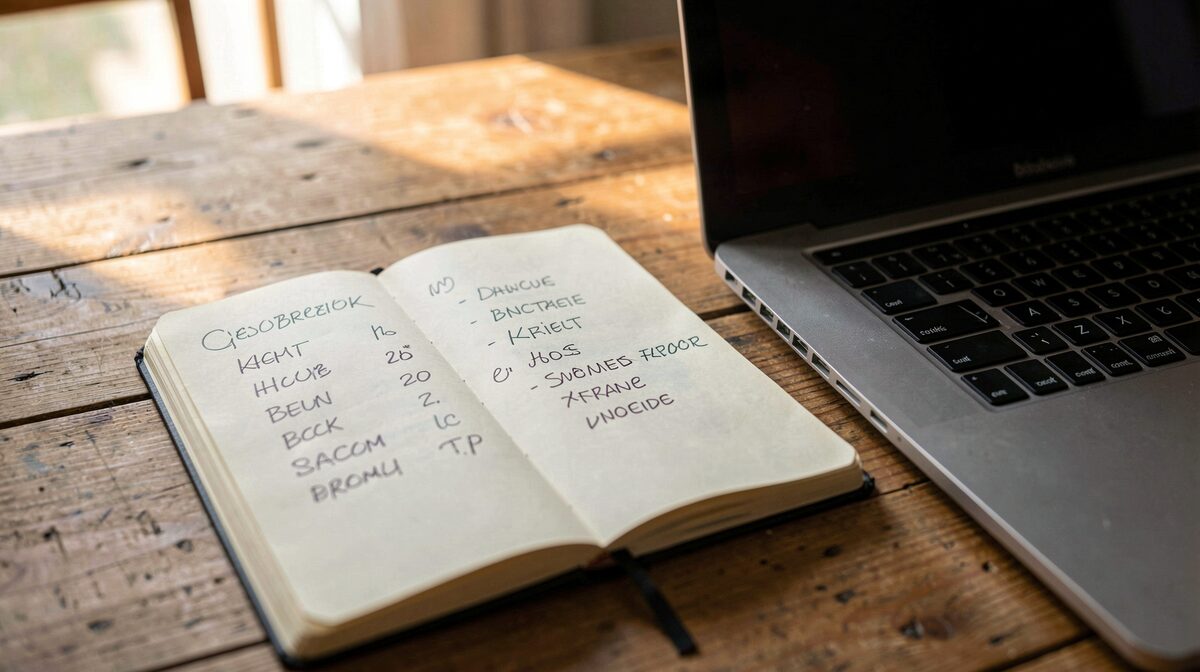 Ein aufgeschlagenes Notizbuch mit handschriftlichen Abkürzungen und ein Laptop auf einem Holztisch, warmes Tageslicht von der Seite, Nahaufnahme im Querformat.