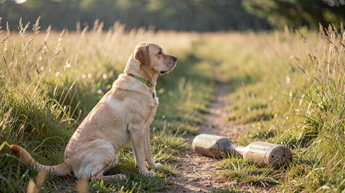 Ein Labrador sitzt auf einem Feldweg bei Morgenlicht, ein Dummy liegt wenige Meter vor ihm im hohen Gras, Aufnahme in Höhe der Hundeschulter.