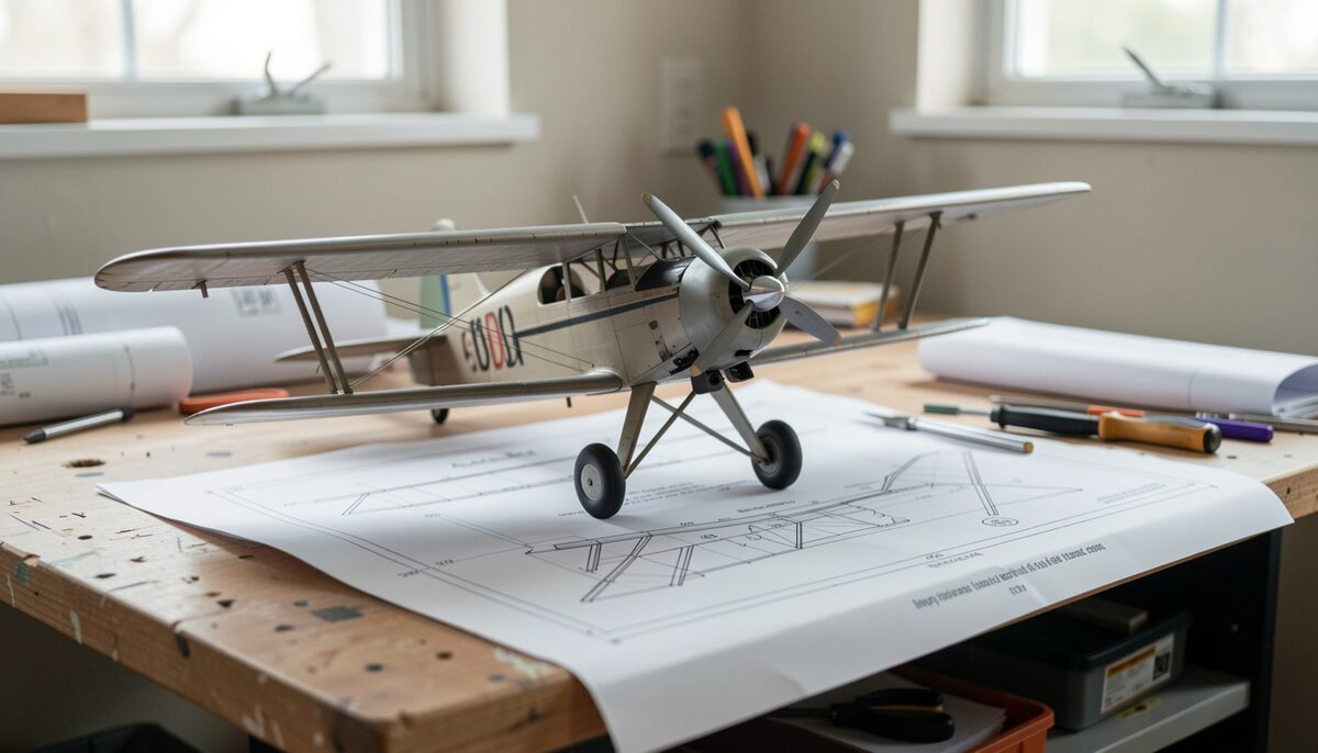 Detailliertes Scale-Modell eines historischen Propellerflugzeugs auf einer Werkbank mit Bauplänen und Werkzeugen. Illustratives Bild, generiert mit KI.
