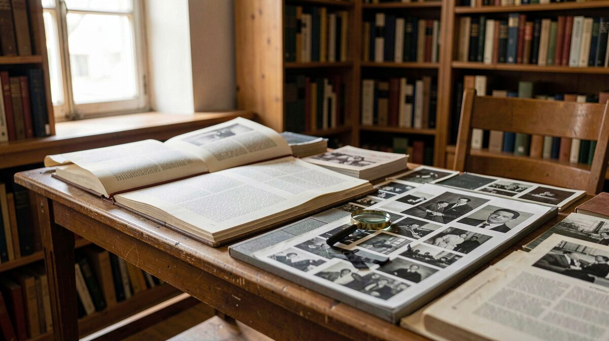 Ein Lesetisch in einer Archivbibliothek mit aufgeschlagenen Katalogen und einer Lupe auf einem Karton mit sorgfältig abgelegten Schwarzweißfotos, gedämpftes Tageslicht von einem hohen Fenster, seitliche Nahaufnahme.