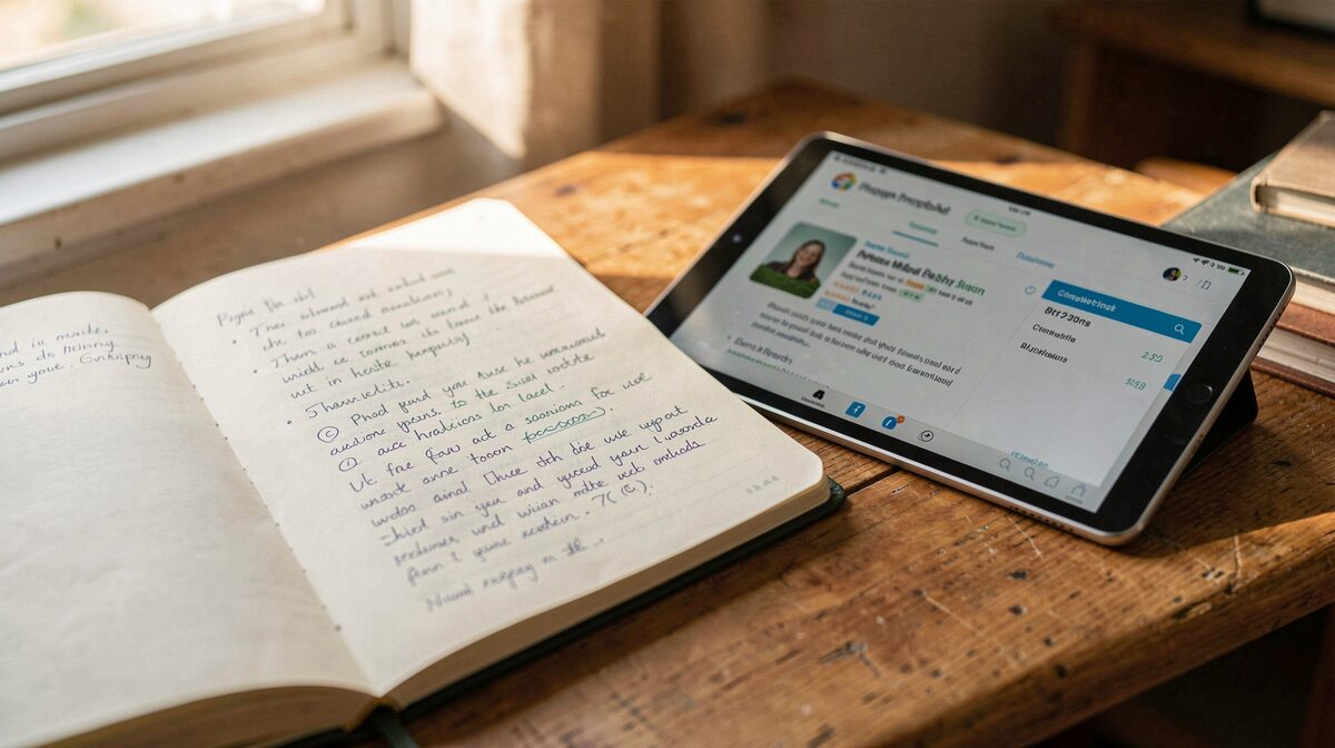 Ein aufgeschlagenes Notizbuch mit handschriftlichen Notizen neben einem Tablet mit einer Wohnungsannonce, warmes Tageslicht von links, Nahaufnahme auf einem Holzschreibtisch.